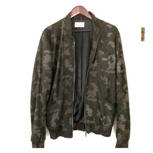 Cameron Charles camo suede bomber jacket